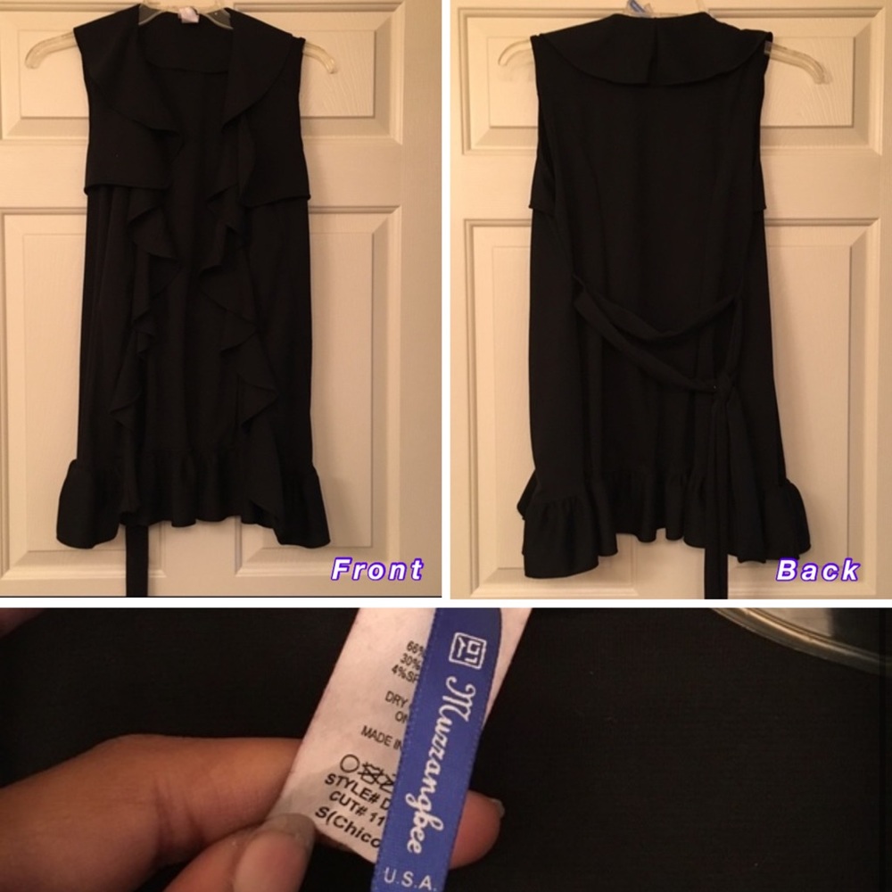 Black Ruffled-side Sleeveless Cardigan w/fabric belt around waist